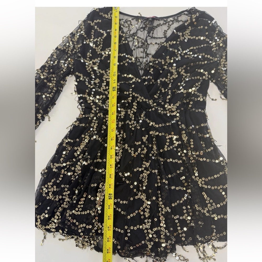 Xtaren Black with Gold Sequin V-Neck Long Sleeve Sheer romper - Picture 9 of 11